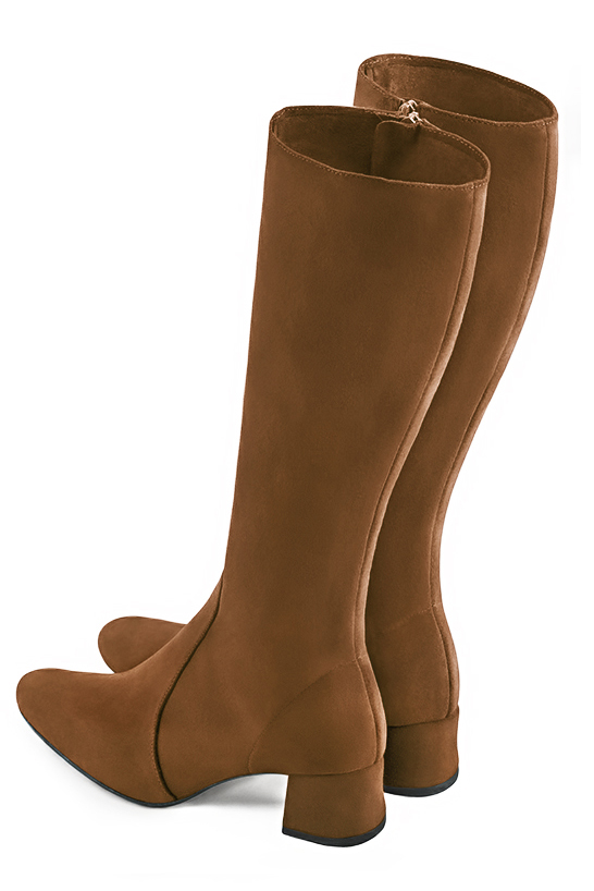 Caramel brown women's feminine knee-high boots. Round toe. Low flare heels. Made to measure. Top view - Florence KOOIJMAN